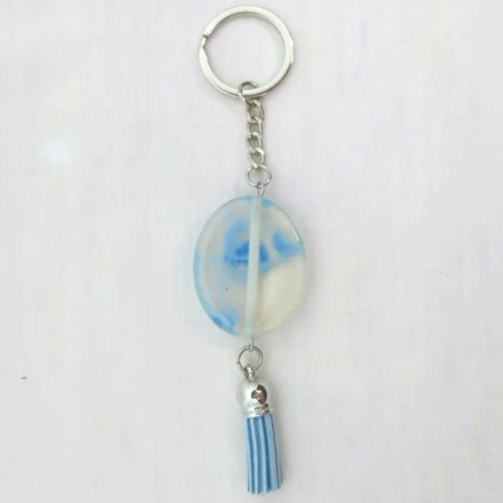 New Handcrafted Keychain Bag Charm Blue Beaded Boho Leather Tassel Swivel Clip